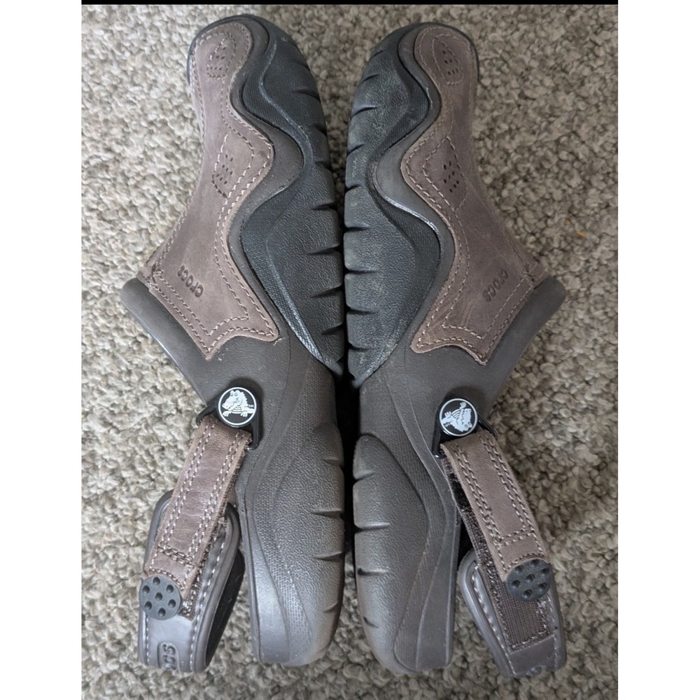 Crocs Swiftwater Leather Clogs Mens 9 Brown Slip On Adjustable Heel Straps
